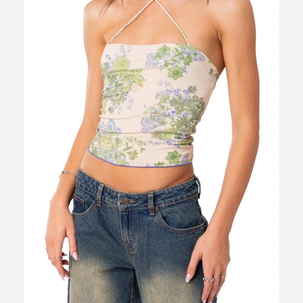 Edikted Floral Halter Neck Top - Cream and Green small